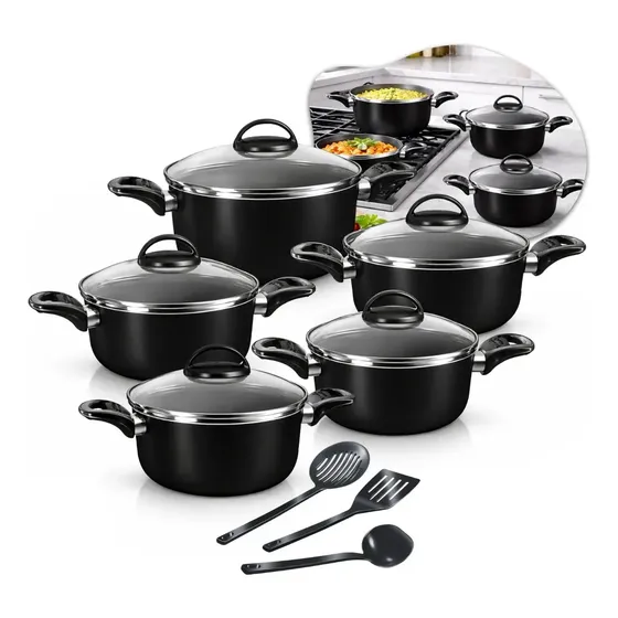 Conjunto De Panelas Caçarolas 5 Peças Antiaderente Com 3 Utensilios E Tampa De Vidro Preto