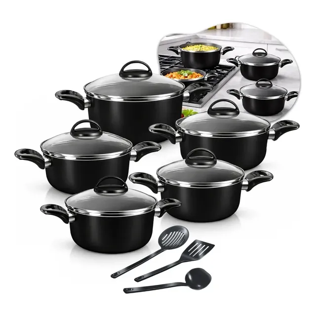 Conjunto De Panelas Caçarolas 5 Peças Antiaderente Com 3 Utensilios E Tampa De Vidro Preto