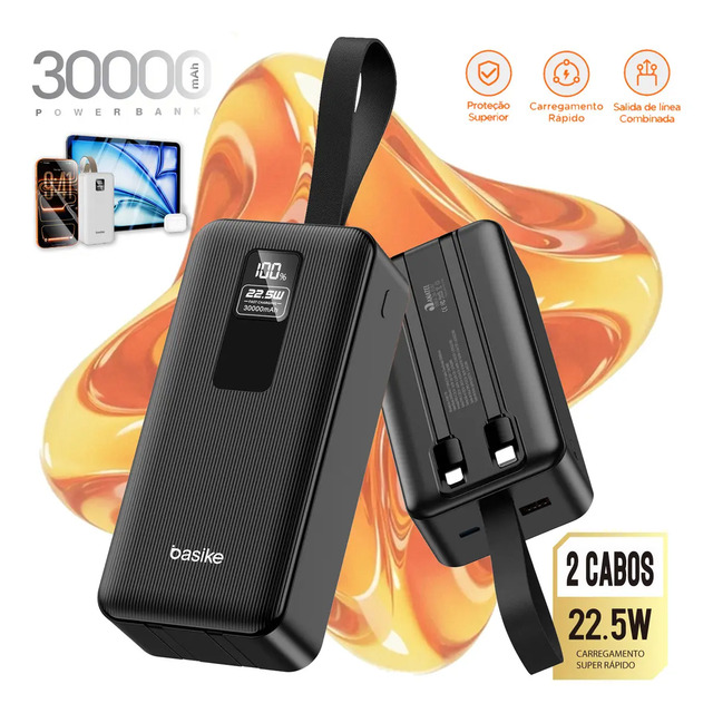 Basike Power Bank Carregador Portátil 30000mah Com Cabo Usb Led Turbo Carga Rápida Universal Para Celulares iPhone... Preto Basike Power Bank Carregador Portátil 30000mah Com Cabo Usb Led Turbo Carga Rápida Universal Para Celulares iPhone... Preto