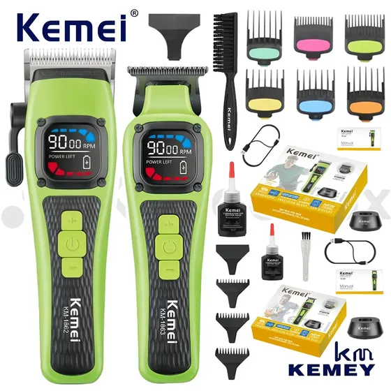 Kemei 1862+1863 Kit de cubiertos inalámbricos recargables, 9,000 RPM profesional, con 9 penas Guía ajustable, Cubertería eléctrica para hombres, Salón de uso familiar y peluquería