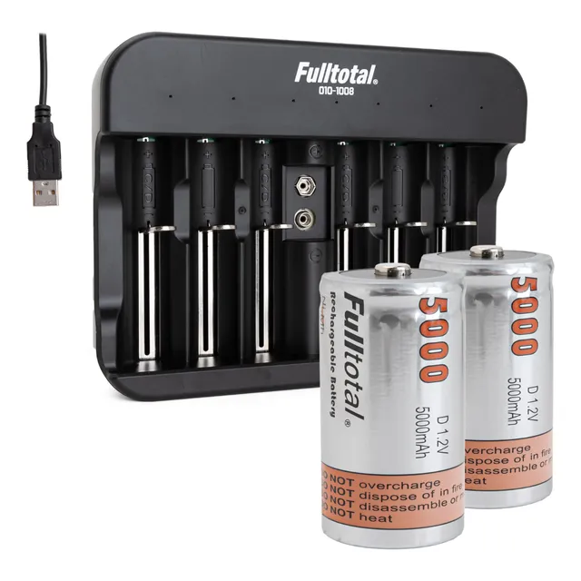 Combo Cargador Usb + 2 Pilas Recargables D 5000 Mah 1.2v