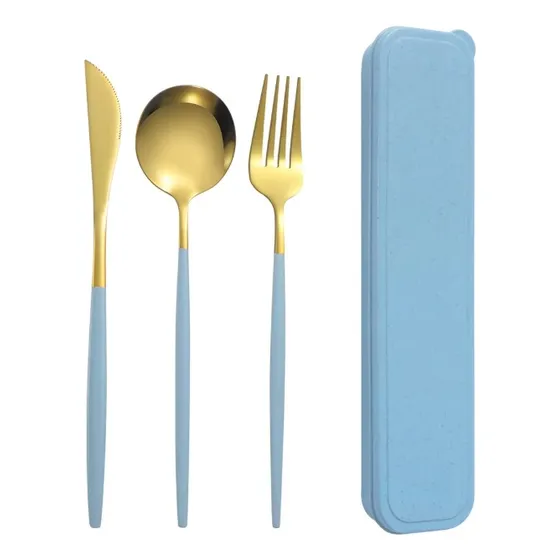 Set X 3 Estuche Cubiertos Dorado En Acero Inoxidable