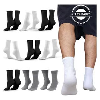 Kit 24 Pares Meias Masculina Cano Alto Algodão Longo Médio Kit 24 Pares Meias Masculina Cano Alto Algodão Longo Médio