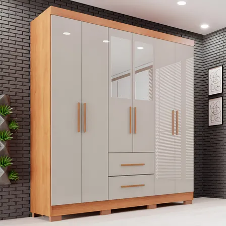 Guarda-roupa Casal Com Espelho 6 Portas 2 Gavetas Sallêto Cinamomo/off White