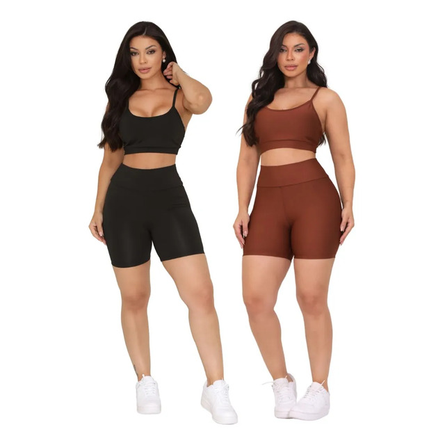 Kit 2 Conjunto Top E Short Feminino Academia Fitness Preto-marrom G