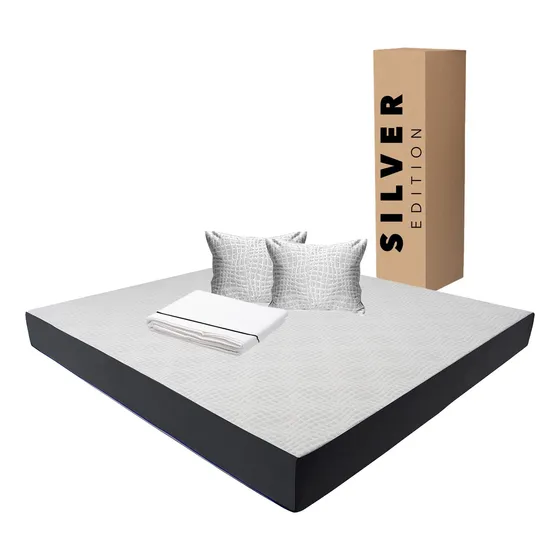 Colchón King Size En Caja 20 Cm + Juego Sábanas Y Almohada Blanco Con Gris