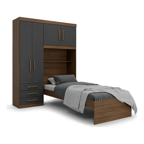 Guarda Roupa Solteiro Turim Com Cama E Cabeceira Baú Batrol Cor Ipe Wood Com Grafite