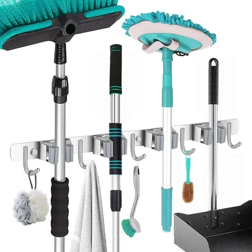 Soporte De Pared Para Escobas Y Fregonas, De Acero Inoxidable, Para Colgar En La Pared, Organizador De Almacenamiento Para Lavandería, Jardín, Garaje, Armario, Cocina 2 Unidades, 4 Estantes Y 5