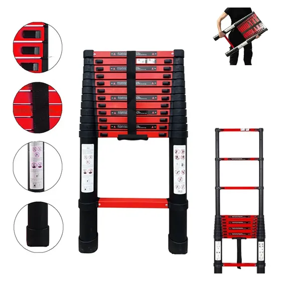 Escalera De Acero Carbono De 2.7m Telescópica 7 Peldaños Negro