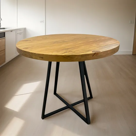 Mesa De Jantar Industrial Redonda Em Madeira 110cm 6 Lugares