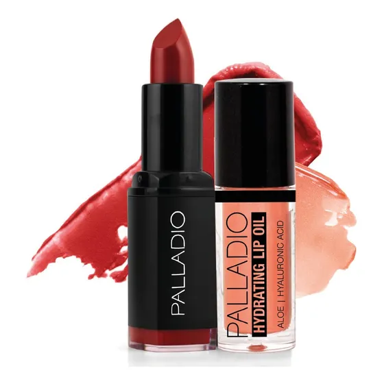 Kit Palladio Lip Oil Nude Dorado Y Labial Rojo Pasion