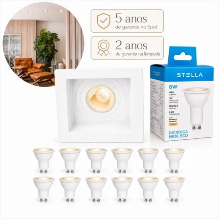 Kit 12 Spot Embutir Quadrado Recuado Dicr Mr16 C/lamp Stella