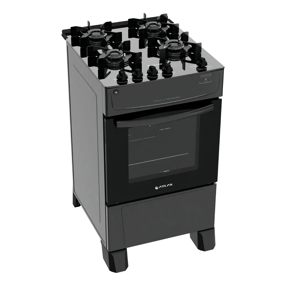 Fogão 4 Bocas Atlas Mônaco Top Glass com Mesa de Vidro e Acendimento Automático Preto Bivolt