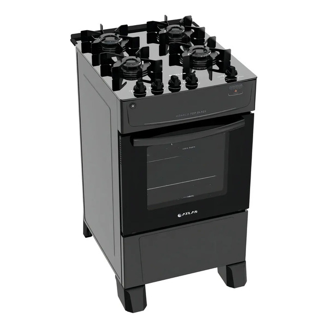 Fogão 4 Bocas Atlas Mônaco Top Glass Com Mesa De Vidro E Acendimento Automático Preto Bivo...
