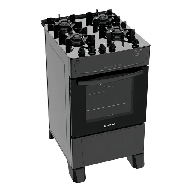 Fogão 4 Bocas Atlas Mônaco Top Glass Com Mesa De Vidro E Acendimento Automático Preto Bivolt 127/220v