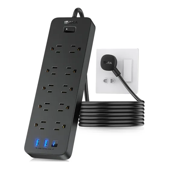 Multicontacto Con 13 Tomos，10 salidas de CA, 2 puertos USB，1 Tipo c ，Extension electrica 1HORA MCT002 multicontacto usb