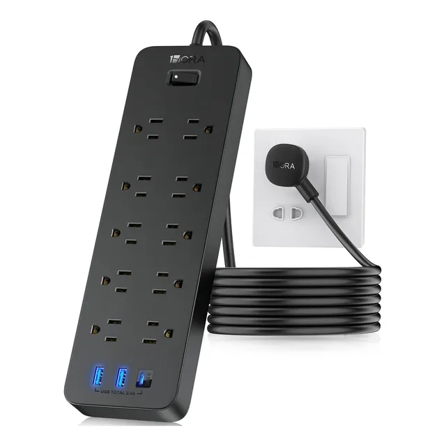 Multicontacto Con 13 Tomos，10 salidas de CA, 2 puertos USB，1 Tipo c ，Extension electrica 1HORA MCT002 multicontacto usb