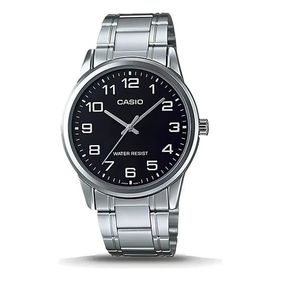 Reloj Pulsera Casio Mtp-v001d-1budf Con Correa De Acero Inoxidable Color Plateado - Fondo Negro