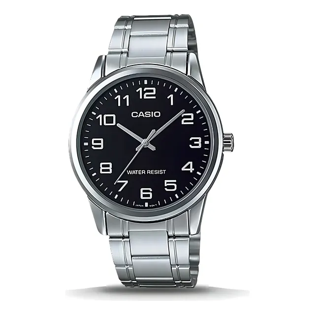 Reloj pulsera Casio MTP-V001D-1BUDF con correa de acero inoxidable color plateado - fondo negro