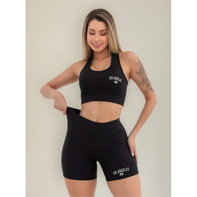 Conjunto Top Shorts Feminino Los Angeles Slim Moda Academia Preto Los Angeles Gg