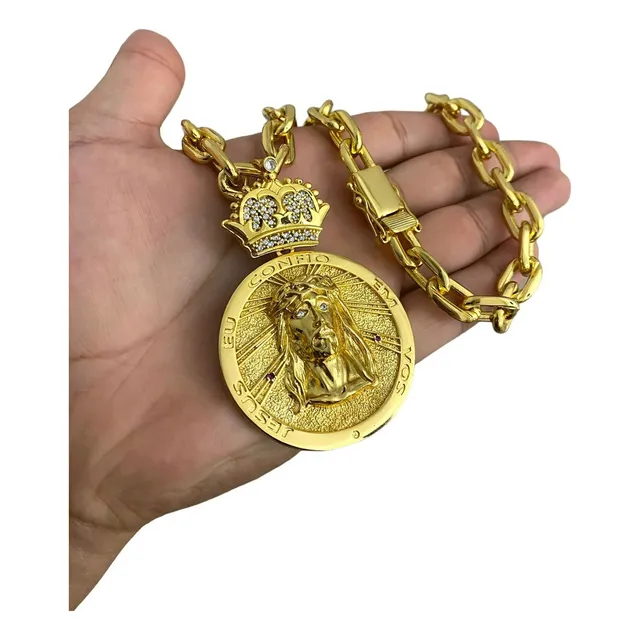 Cordão 14mm Cadeado Jesus Eu Cofio Em Vós Banhado A Ouro 18k