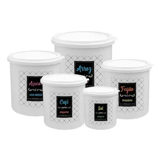 Kit 5 Potes De Mantimentos PlĂĄstico Decorado Cor Conjunto Kit 5 Branco Color Kit 5 Potes De Mantimentos PlĂĄstico Decorado Cor Conjunto Kit 5 Branco Color