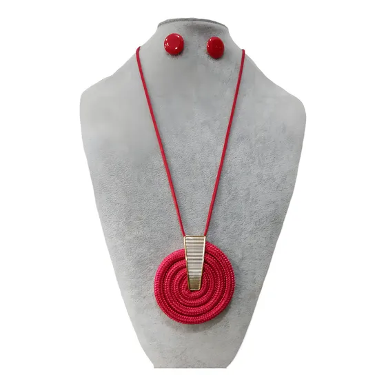 Maxi Colar Feminino Em Corda Kit Com Brinco Pedra Em Resina Cor Miami Vermelho