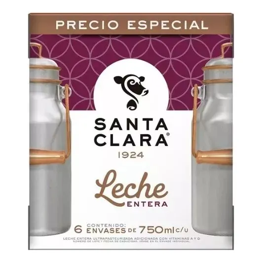 Leche Santa Clara Entera 6 Piezas De 1 Litro C/u