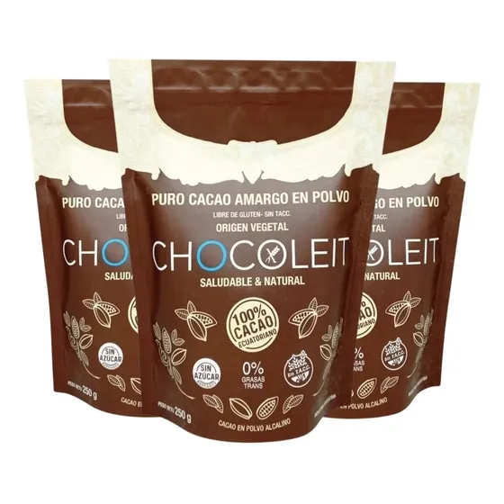 Puro Cacao Amargo En Polvo Chocoleit 250 Grs - 3 Unidades