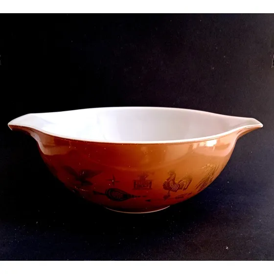 Bowl Pyrex Grande Exterior Marrón Decorado Dibujos Dorados