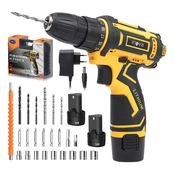Furadeira Parafusadeira Brushless Elétrica Profissional Parafusadeira Inova Jogo Brocas com 2 Bateria 2000mah e Caixa de Ferramentas Maleta Completa para Uso Profissional e Doméstico