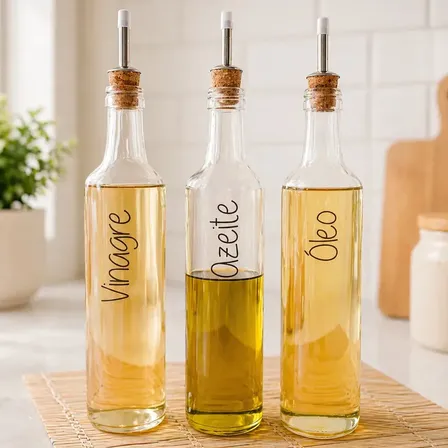 Galheteiro Vidro 500ml 3 Peças Com Dosador E Etiquetas Vinagre Azeite