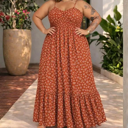 Vestido Plus Size Longo Lastex Soltinho Alcinha Elegante