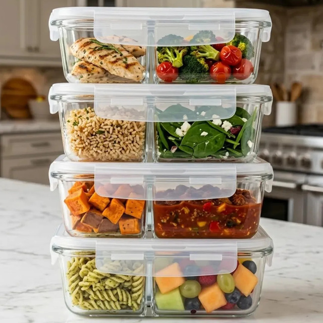 Pilha de quatro potes de vidro retangulares da marca Pítia, cada um com tampa de trava hermética e divisória interna, contendo diferentes tipos de alimentos como frango, vegetais, arroz, salada, batata doce, carne moída, macarrão e frutas.