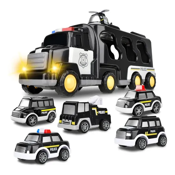7pcs Camión De Bomberos Carro Juguetes Niño Con Música Y Luz Color Negro Personaje Coche de policía de juguete