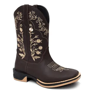 Bota Texana Feminina Flores Bege Country Em Couro Sola Jump Bota Texana Feminina Flores Bege Country Em Couro Sola Jump