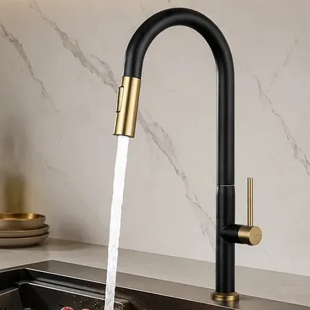 Torneira Monocomando De Cozinha Winda - Black & Gold - Design Moderno E Funcional com Ducha Retrátil de 80 cm, Dupla Função de Jato, Rotação 360°, Água Quente e Fria e Aço Inox 304