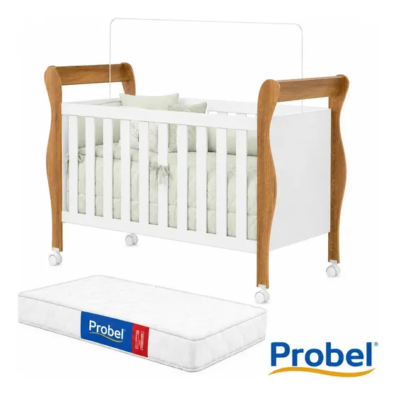 Berço 3 em 1 Americano Slim 100% em MDF Vira Cama Com Colchão Probel e Rodízios Grade Cor Branco Amadeirado