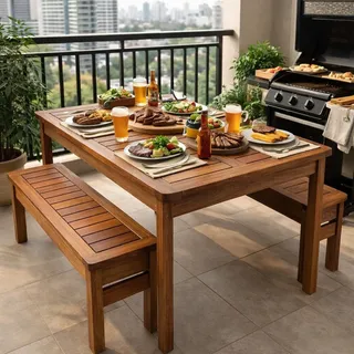 Cedro Rosa Conjunto Mesa E Bancos Churrasco Madeira Maciça Ember Made