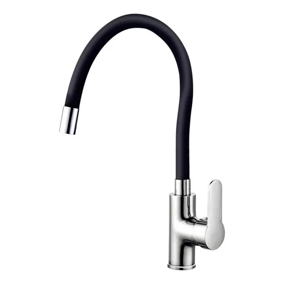 Griferia De Cocina Monocomando LIBERCAM RGRI-09 Cuello De Cisne Flexible Mezcladora Mesada Color Plateado Y Negro