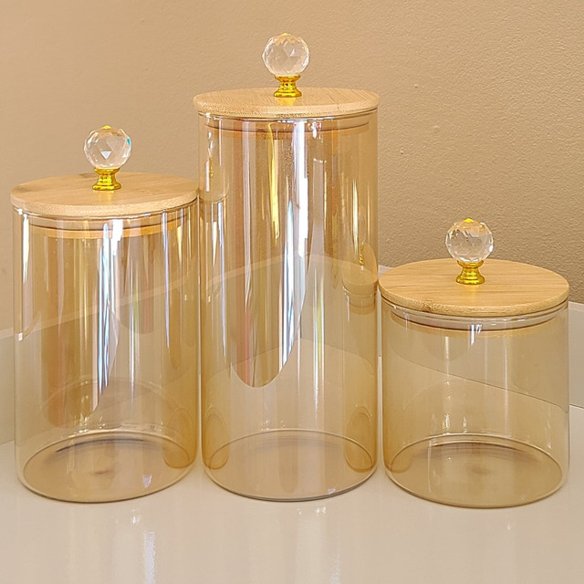 Kit De Potes Para Mantimentos Cristal Lisos Âmbar Pmg Dourado Kit De Potes Para Mantimentos Cristal Lisos Âmbar Pmg Dourado