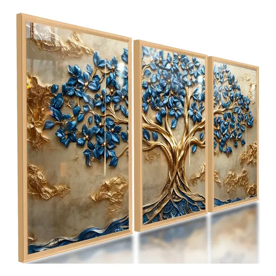 Quadros De Árvore Da Vida 3d Azul Ouro Velho Clássica 122x60