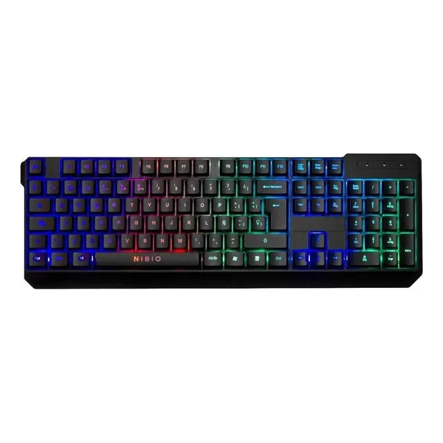Teclado gamer Nibio Strike QWERTY color negro con luz RGB
