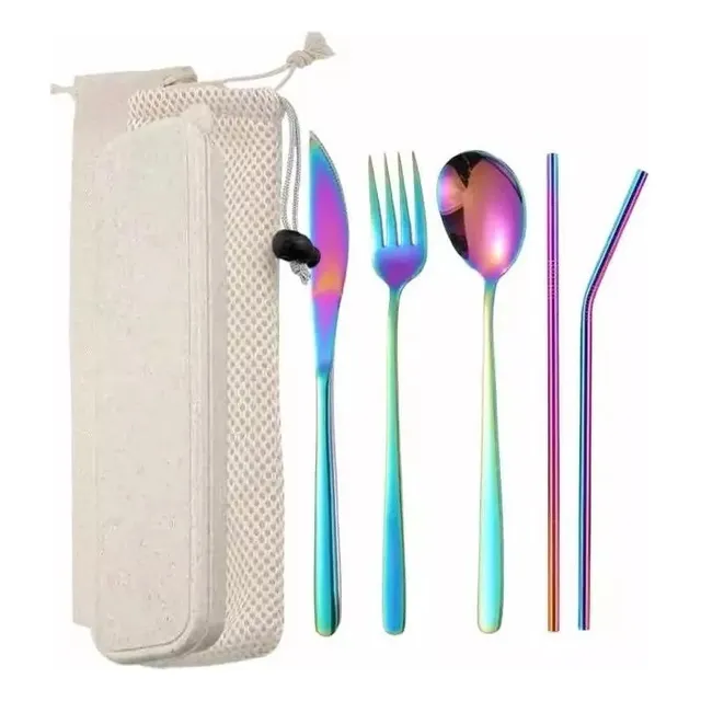 Set Cubiertos Acero Inoxidable + Pitillos + Caja Trigo+ Tela