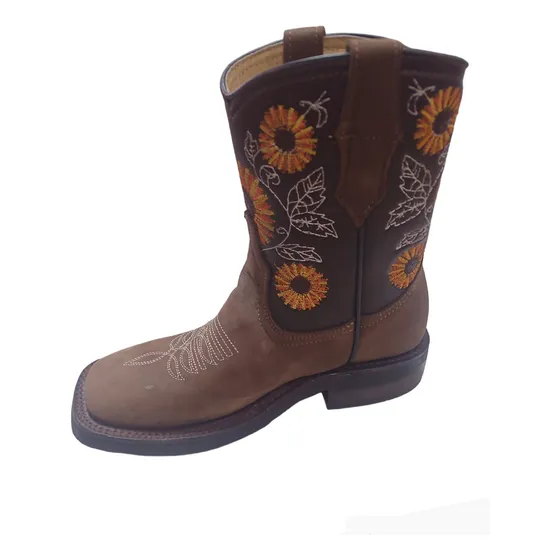 Bota Vaquera Mujer De Piel, Café Con Girasoles Bordados