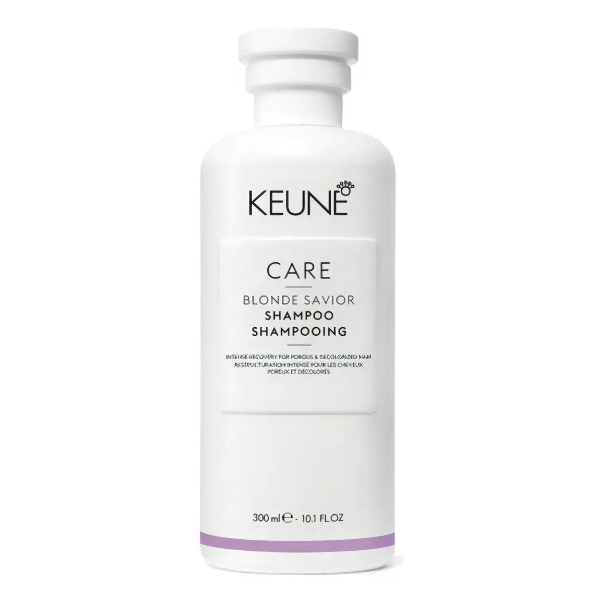 Frasco branco do shampoo Keune Care Blonde Savior de 300ml com tampa de rosca e rótulo contendo informações sobre a recuperação de cabelos porosos e descoloridos.
