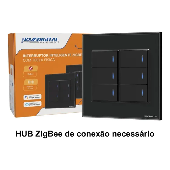 Interruptor Inteligente Zigbee Novadigital 6 Teclas Físicas 4x4 Tuya Smart Life Alexa Google 127/220V Preto NFZB-6-B