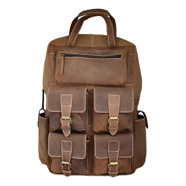 Mochila De Cuero Genuino Con Compartimentos Organizadores