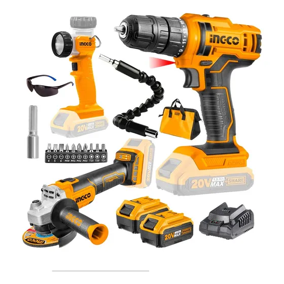 Set Taladro Atornillador + Amoladora + Linterna Ingco Puntas Color Amarillo Frecuencia 50Hz 60Hz