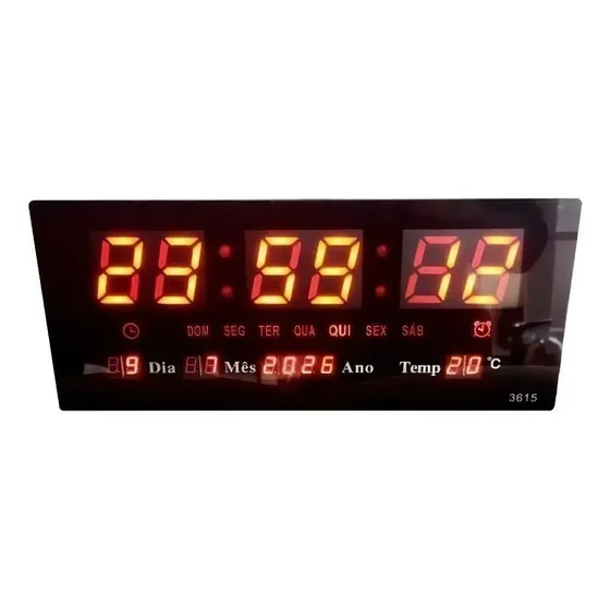 Reloj de pared digital LED, tamaño grande, fecha, mes y año, 36 cm, marco, color negro, fondo rojo | Cuotas sin interés